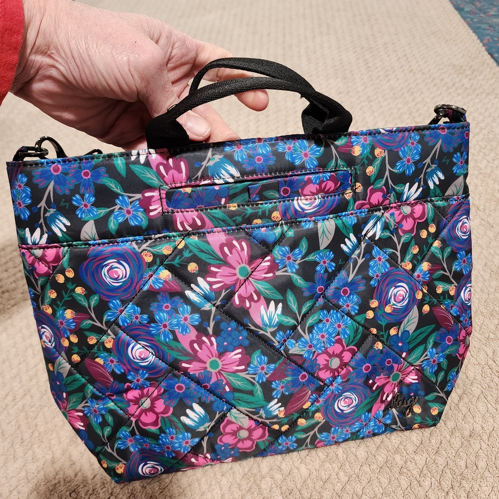 Quilted Floral Tote Bag in Black with Pink & Blue Flowers